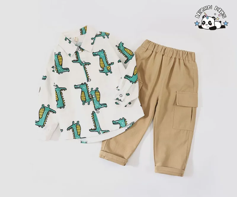 LEZONKIDS - Customizable High Quality Children's Cotton Shirt Pants Two-piece Set Cartoon Crocodile Boys Summer Clothing Set